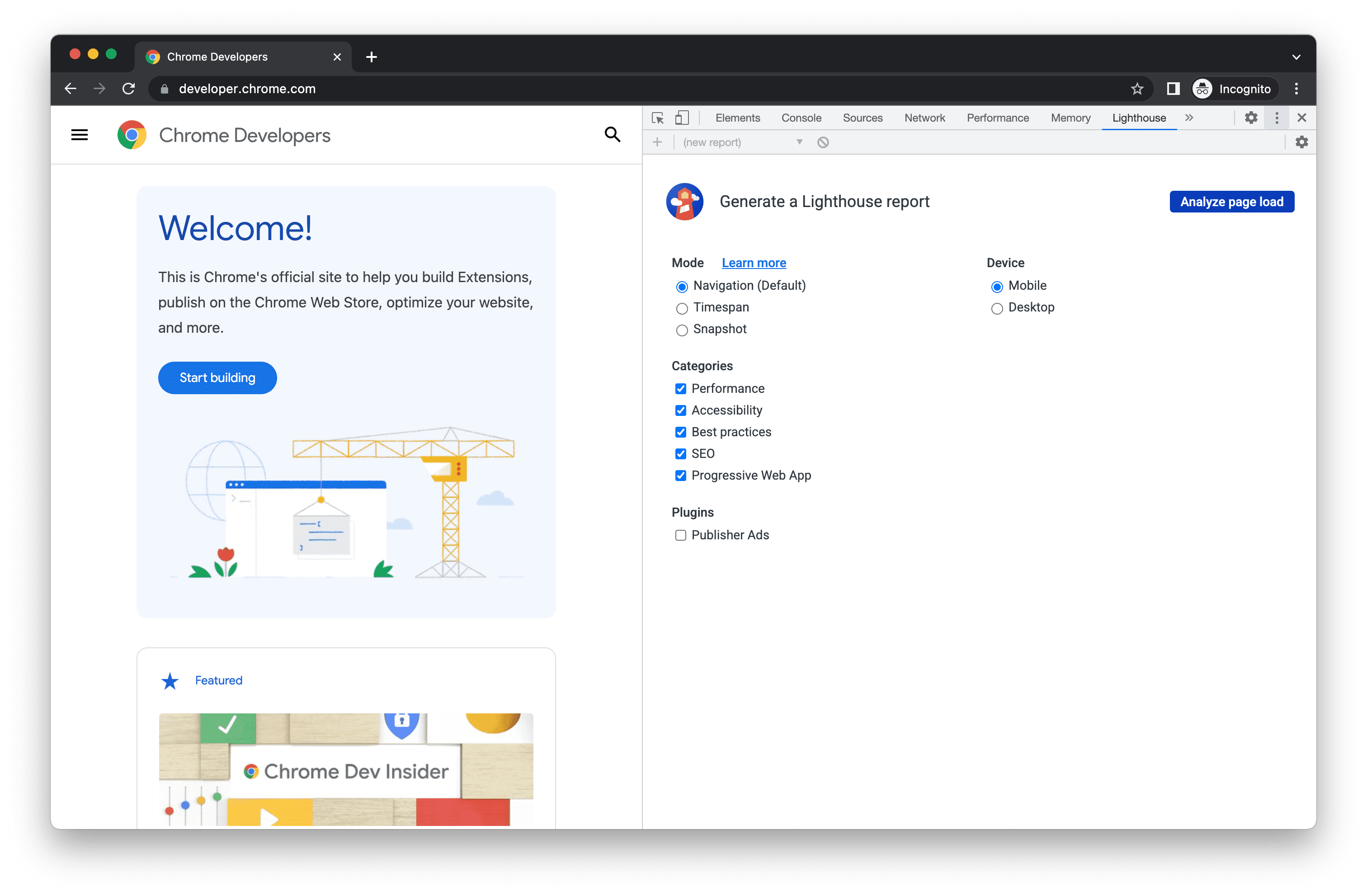 El panel Lighthouse de las Herramientas para desarrolladores de Chrome