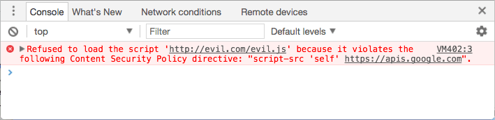 Errore della console: lo script &quot;http://evil.example.com/evil.js&quot; è stato rifiutato perché viola la seguente istruzione relativa ai criteri di sicurezza del contenuto: script-src &quot;self&quot; https://apis.google.com