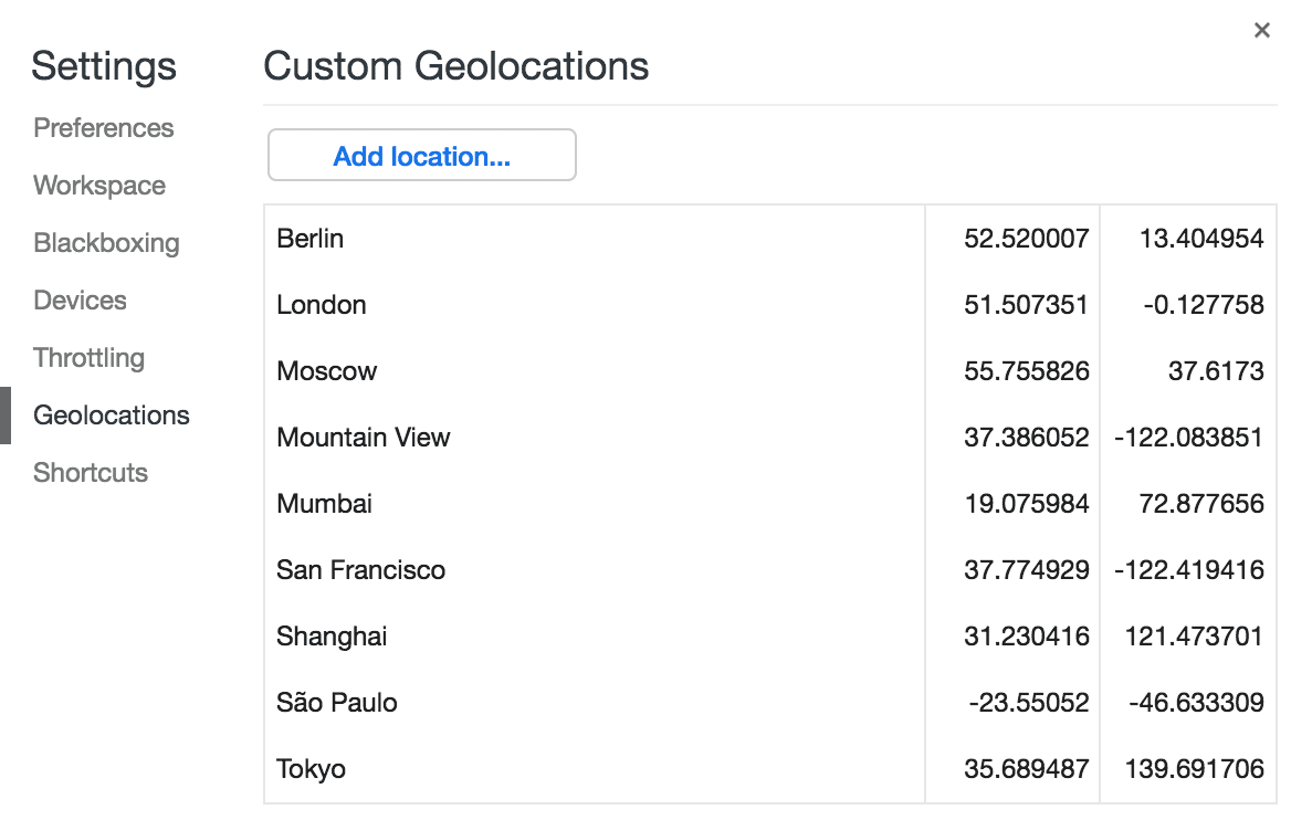 Scheda Geolocalizzazioni in Impostazioni