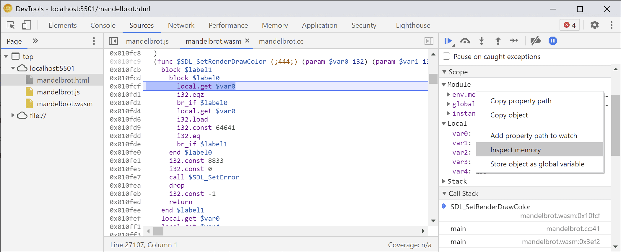 Kontextmenü für „env.memory“ im Bereich „Scope“ (Umfang) mit dem Menüpunkt „Inspect Memory“ (Arbeitsspeicher prüfen)