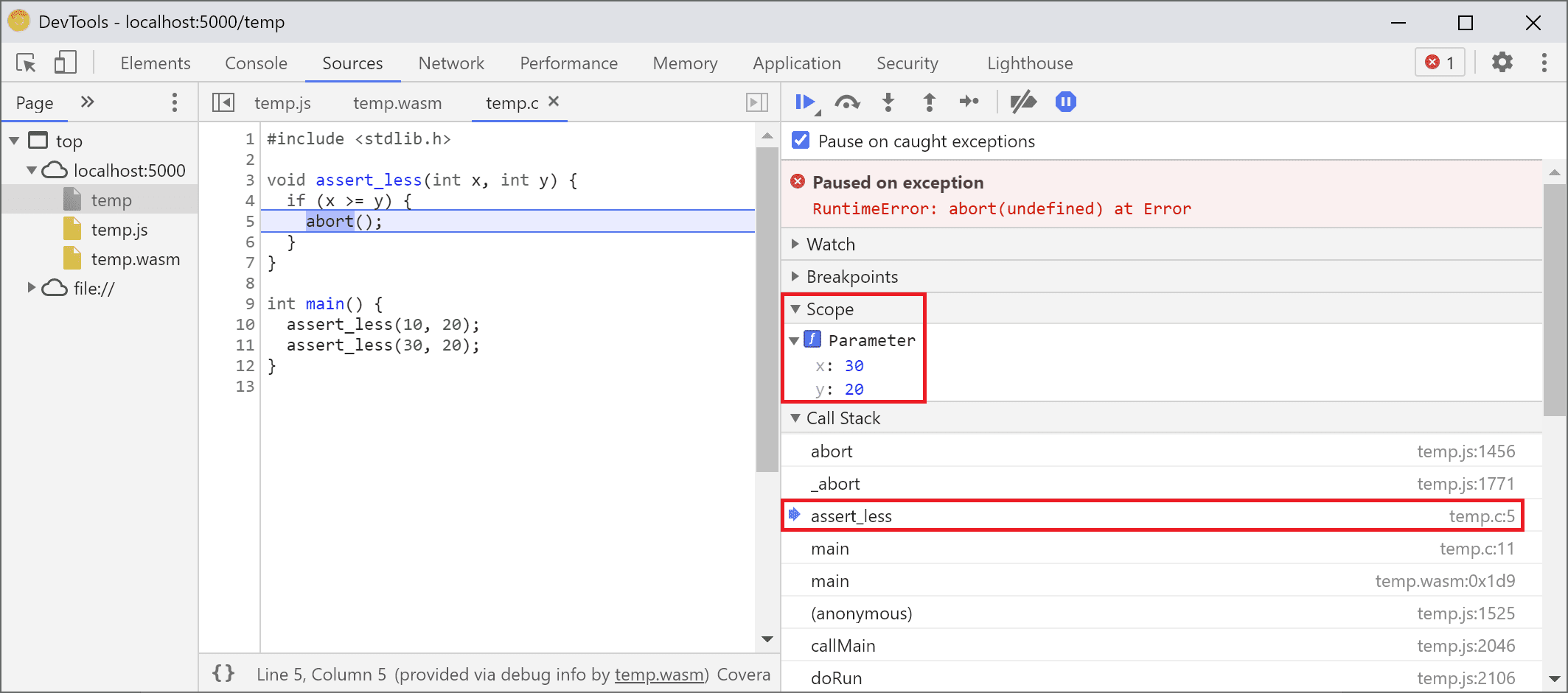 In den DevTools wurde die Ausführung in der Funktion „assert_less“ angehalten und in der Ansicht „Scope“ werden die Werte „x“ und „y“ angezeigt