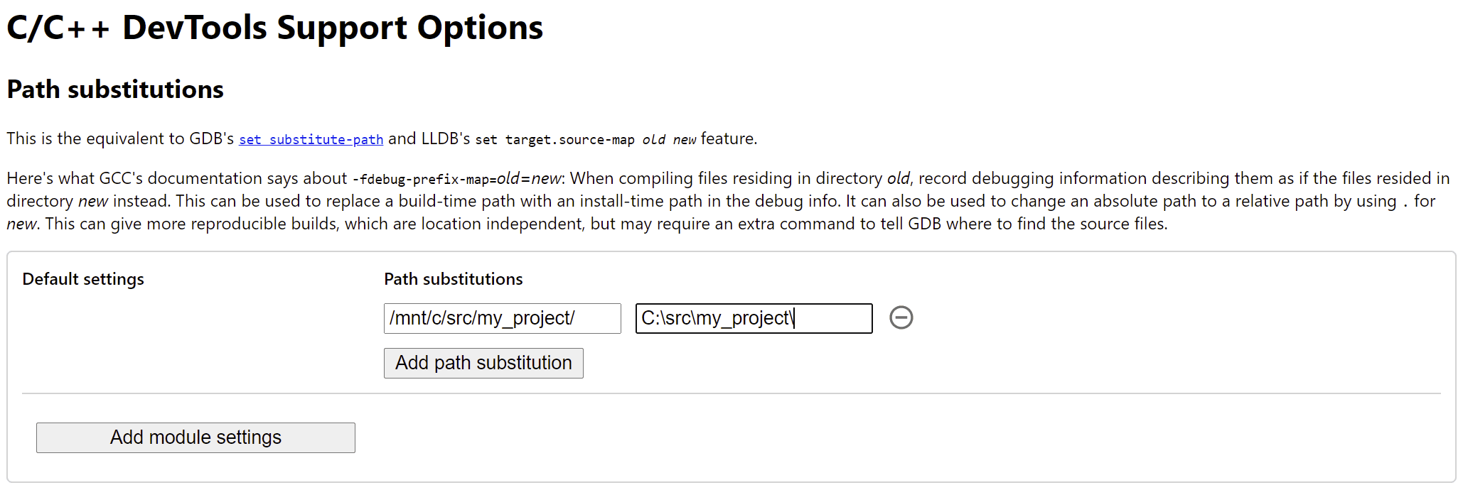 Optionsseite der C/C++-Debugging-Erweiterung