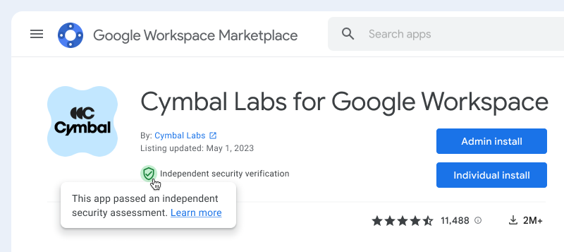 Google Workspace মার্কেটপ্লেসে একটি অ্যাপ তালিকার উদাহরণ যাতে একটি স্বাধীন নিরাপত্তা যাচাইয়ের জন্য একটি ব্যাজ রয়েছে।