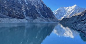 A snowy mountain reflected in a calm lake