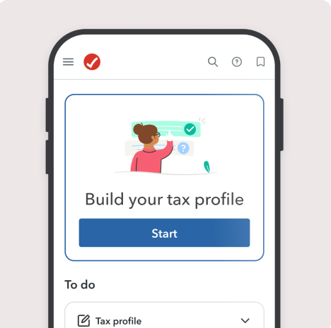 The TurboTax mobile app UI with “Build your tax profile” headline and “Start” button.