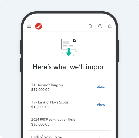 The TurboTax mobile app UI with “Here’s what we’ll import” headline.