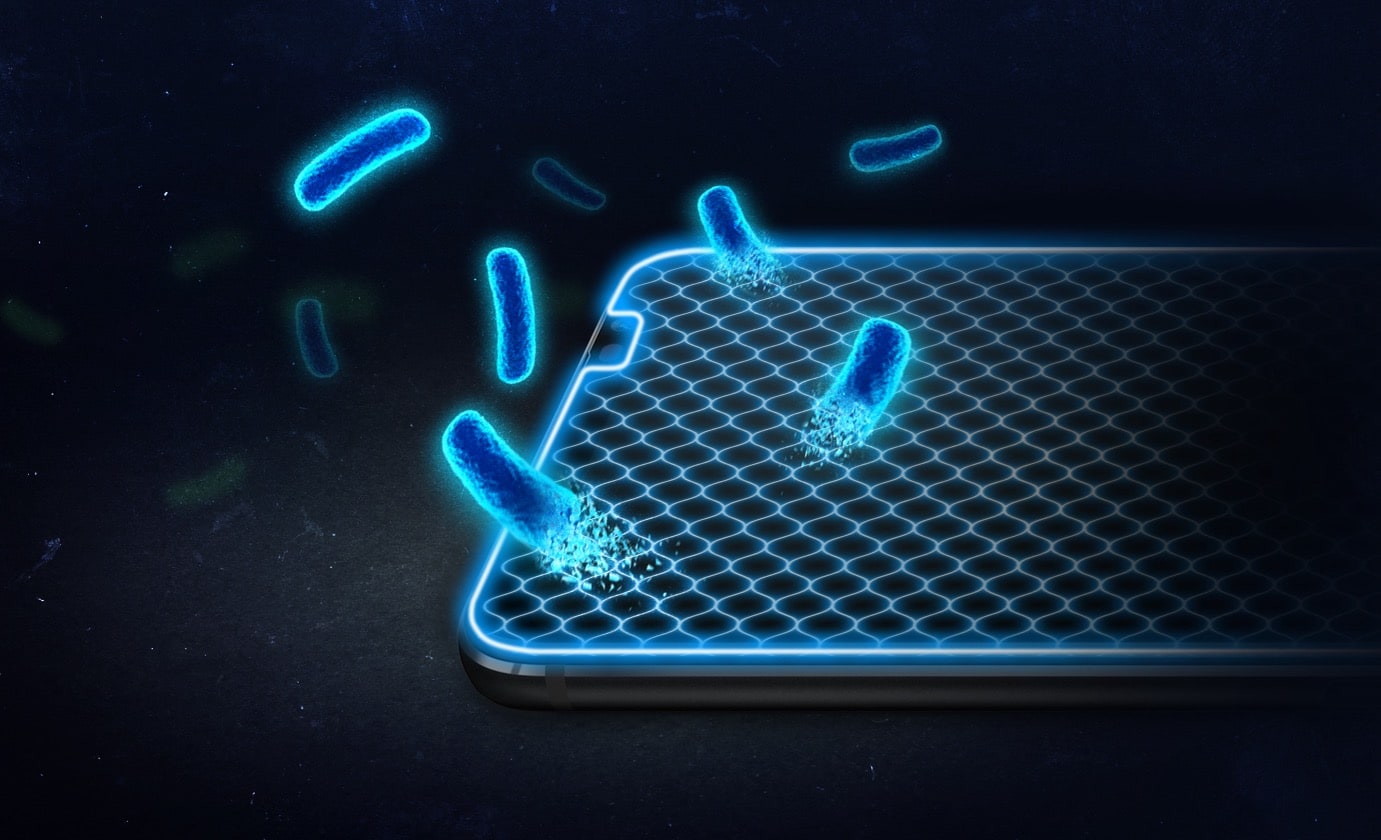 Use the blue line to highlight the ROG Antibacterial glass screen and some bacteria fall down to the screen.