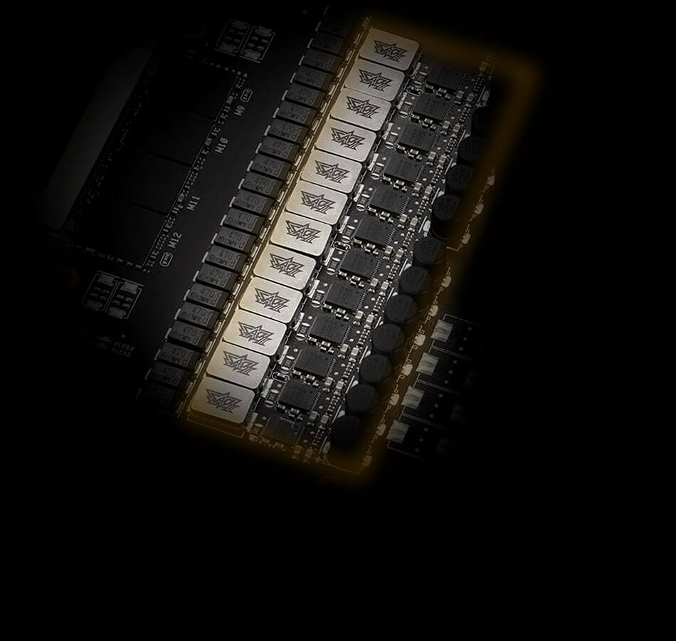 Highlighting some of the chokes, MOSFETs, and capacitors on the PCB.