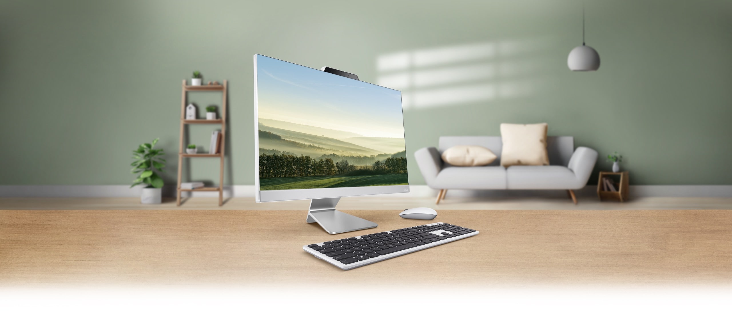 An ASUS M3402WFA, with keyboard and mouse, is shown in the middle of a living room with rays of sunshine.