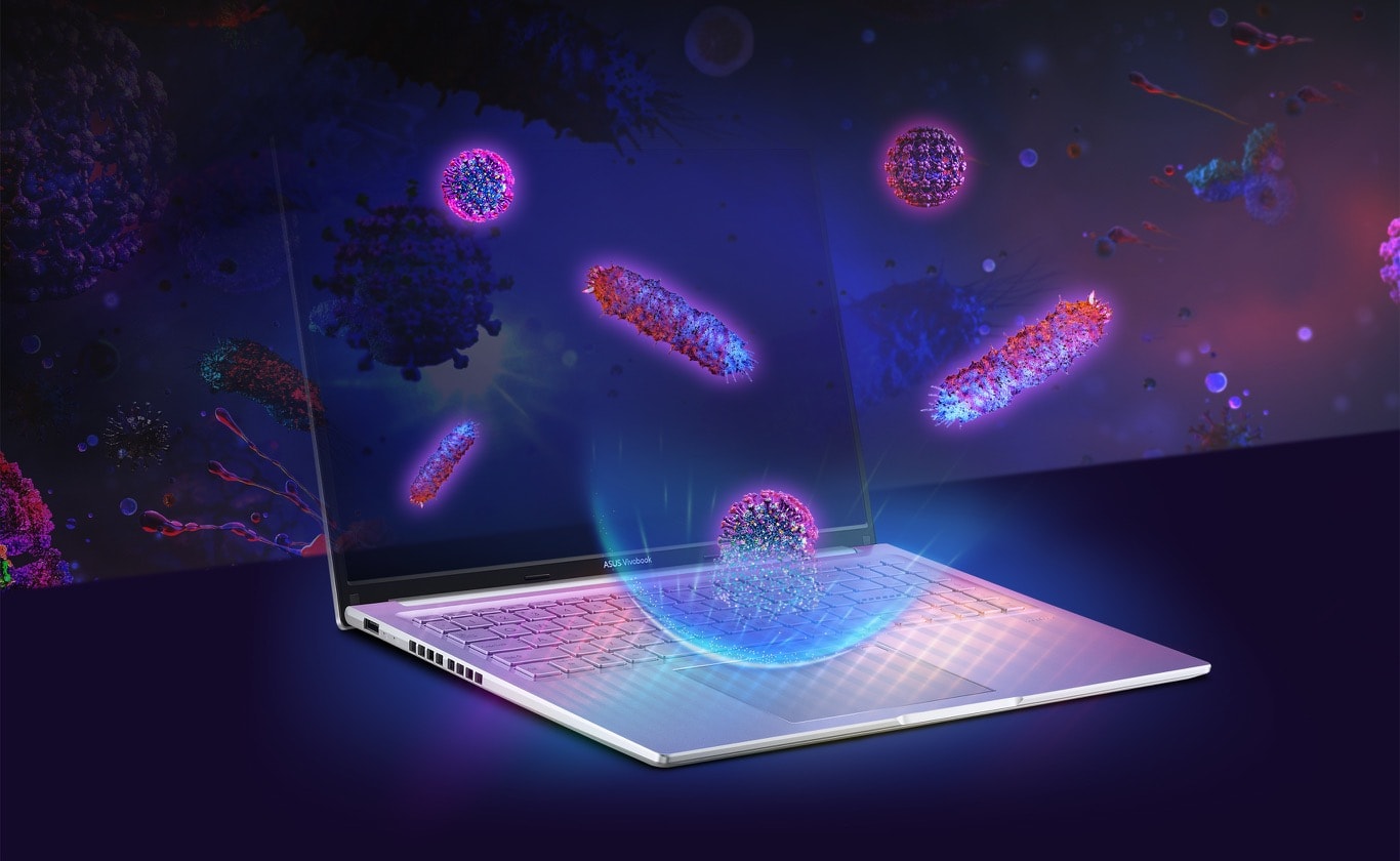 Images 3D de virus et de bactéries détruits par contact avec le clavier d’un ordinateur portable ASUS doté de la technologie antimicrobienne.