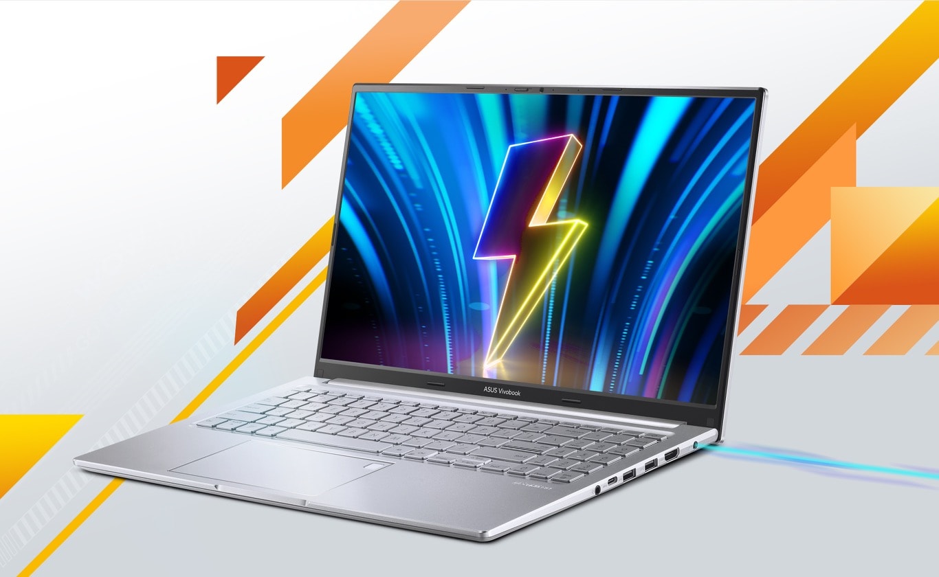 Un Vivobook 16 ouvert avec la foudre affichée à l’écran.