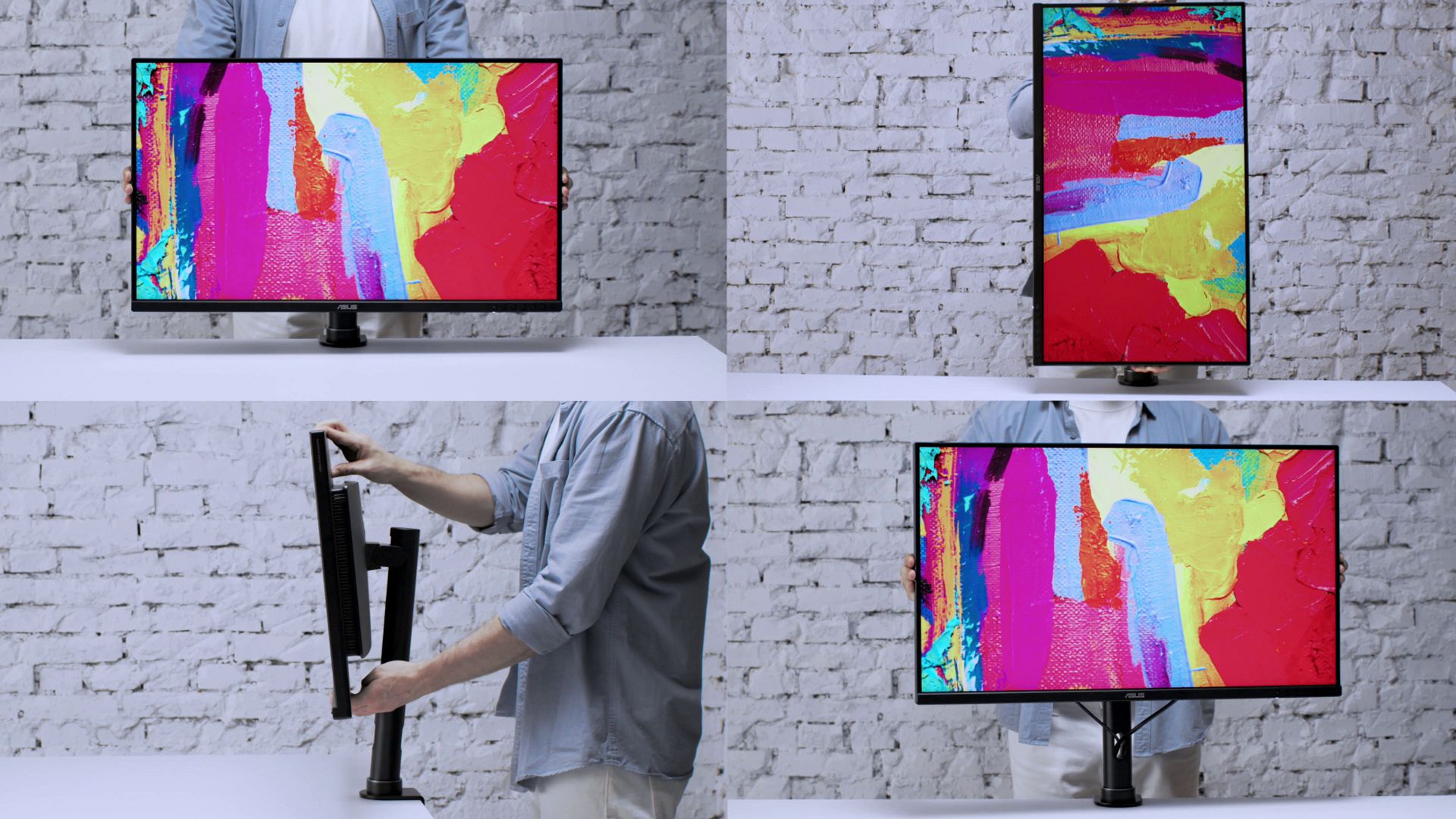 An illustration showing monitor with ergonomic function even using ProArt Desk Mount Kit ACL02