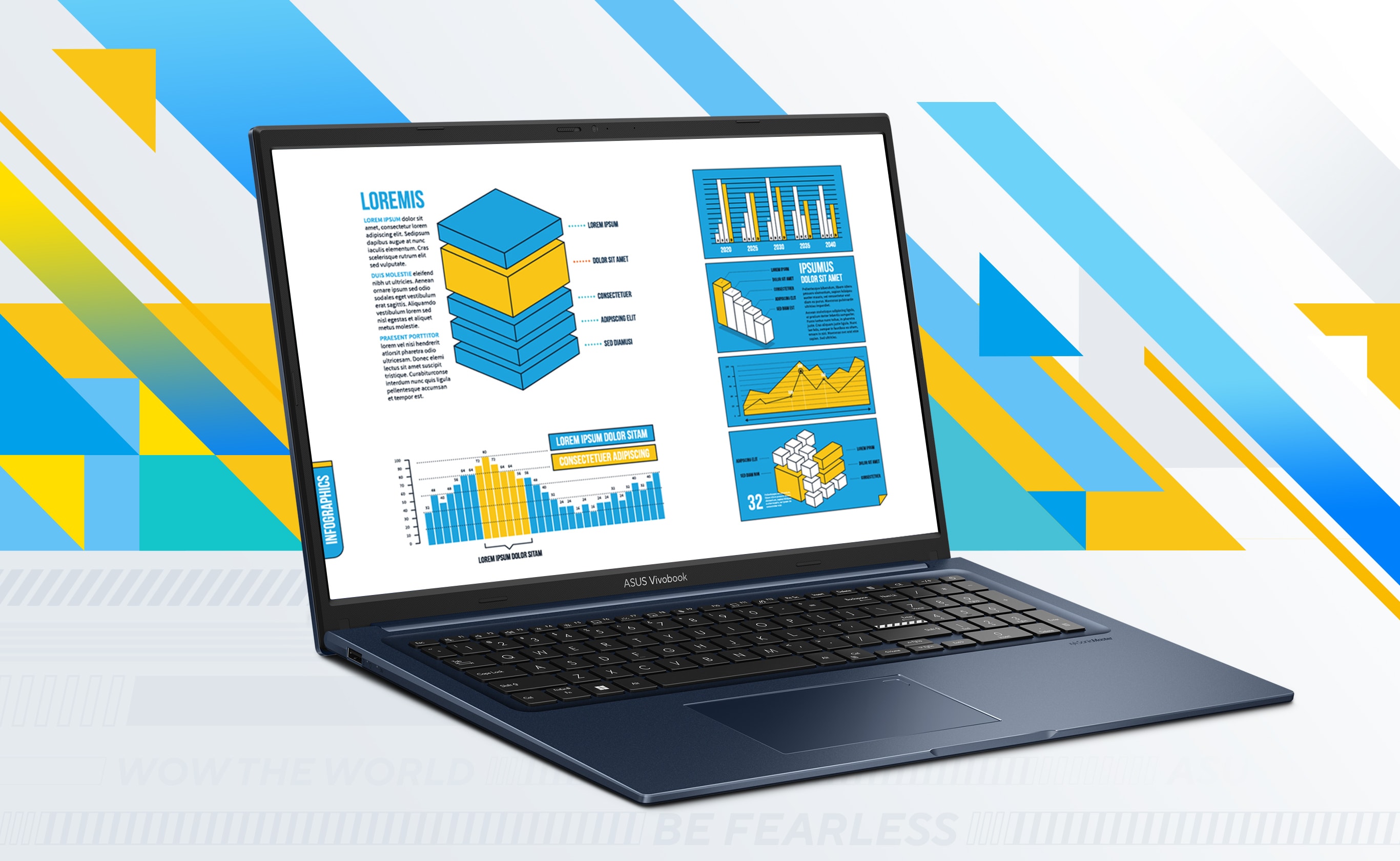 Avatun Vivobook 17:n näytöllä näkyy graafisia kaavioita. 