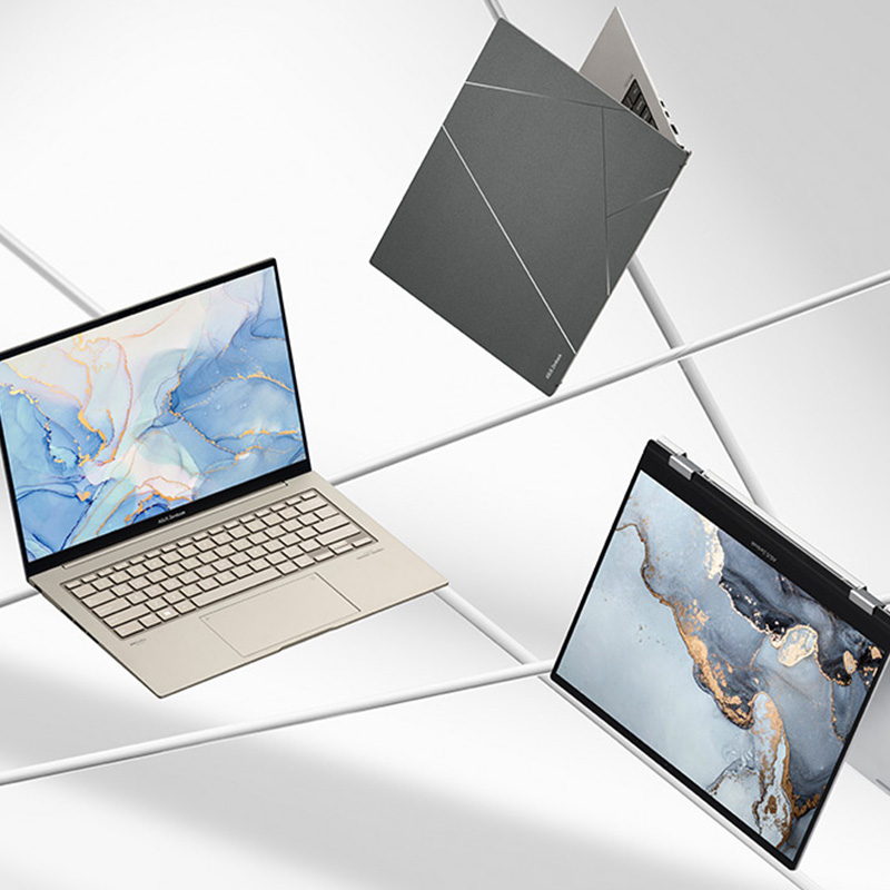 Three ASUS Zenbook laptops — Zenbook S 13 OLED, Zenbook 14X OLED, and Zenbook S 13 Flip OLED — in various usage modes on bright, minimalistic background