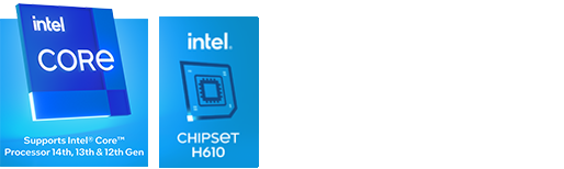 Core i9 processor icon , Intel H610 Chipset icon , Windows 11 icon