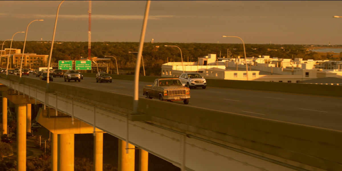 Shot of the Arthur Ravenel Jr. Bridge as the Pogues drive over