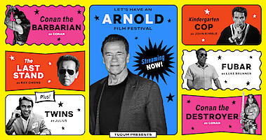 Images of Arnold Schwarzenegger in various film roles throughout his career