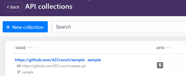 An example screenshot showing the collection the build task created in 42Crunch Platform.