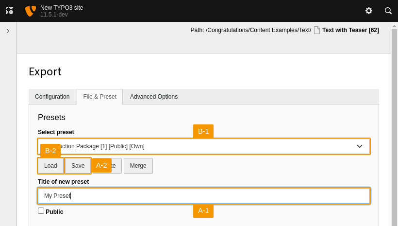 Save or load an export preset