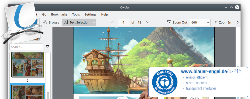 KDE’s popular multi-platform PDF reader and universal document viewer Okular was awarded the Blue Angel ecolabel in 2022. (Image from KDE published under a CC-BY-4.0 license.)