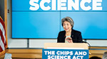 Dean Tsu-Jae King Liu speaks at a CHIPS and Science Act press event