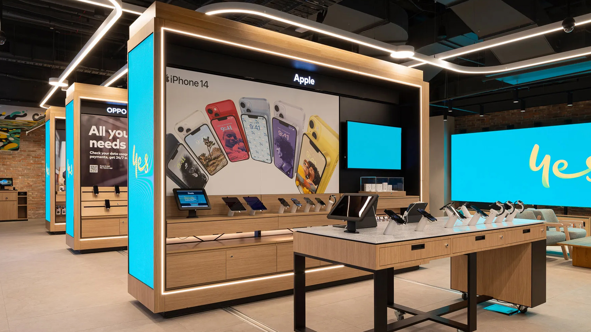 Internal photo of new LED isles and wall at Optus store