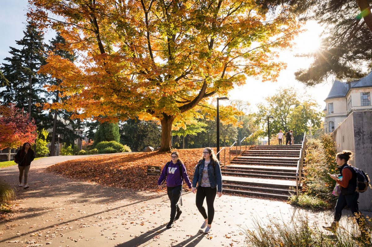 students walking through campus