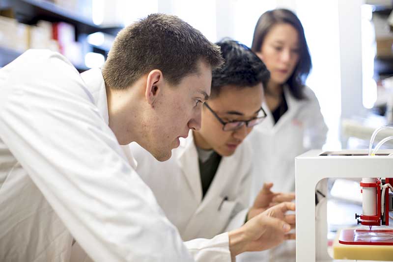 Students and researchers in a lab examining specimens.