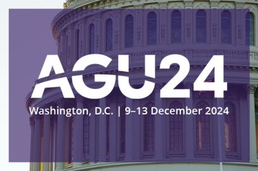 Promotional graphic for the AGU 2024 conference at the University of Washington College of the Environment, featuring the event dates from December 9-13, 2024, in Washington, D.C., superimposed over an image of the Capitol building with a purple overlay.