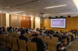 A photo of the audience at a Bevan's Series event watching Tim Essington speak.