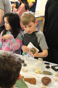 Two kids looking at different types of rocks.