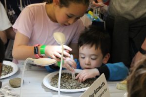 Two kids picking through a plate of gravel searching for garnets they get to take home.