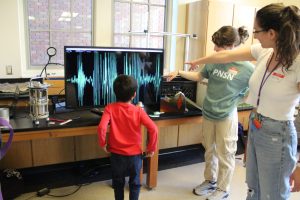 A young person jumps up and down, with the jumps recorded by a seismometer hooked up to a screen. The jumps are displayed on the screen as spikes.