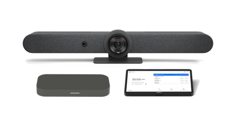 An image of the Logitech Medium Room Solution with Rally Bar for Google Meet. The kit includes the Rally Bar all-in-one video conference camera, the CTL Compute System and the Logitech Tap.