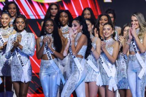 MEXICO CITY, MEXICO - NOVEMBER 16: Miss Egypt, Logina Salah, gestures in The 73rd Miss Universe Competition - show at Arena Ciudad de Mexico on November 16, 2024 in Mexico City, Mexico. (Photo by Hector Vivas/Getty Images)