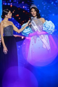 MEXICO CITY, MEXICO - NOVEMBER 16: Miss Universe 2023 Sheynnis Palacios, speaks during The 73rd Miss Universe Competition - show at Arena Ciudad de Mexico on November 16, 2024 in Mexico City, Mexico. (Photo by Hector Vivas/Getty Images)