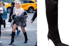 gwen stefani, dolce and gabbana, Dolce & Gabbana Pointed Toe Satin Boots, knee-high satin boots, fur coat, mini skirt, fishnet stockings, white sunglasses