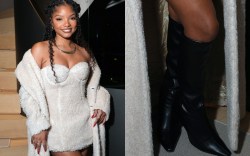 Halle Bailey, black boots, slouchy black boots, black leather boots, knee-high boots, Giuseppe Di Morabito Teddy Minidress