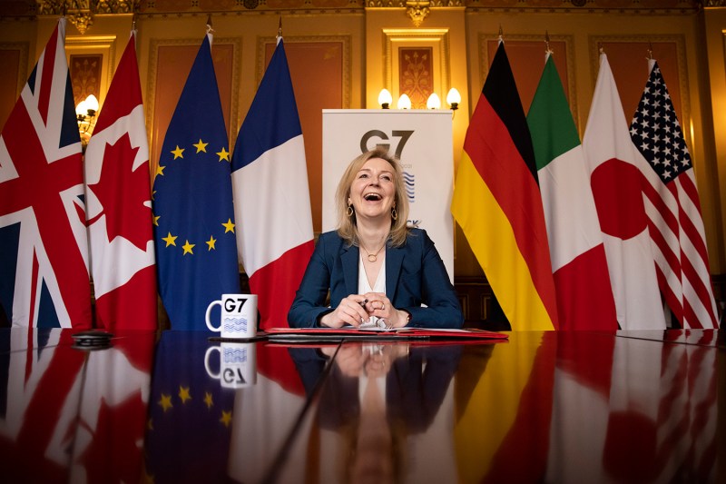 British Secretary of State Liz Truss chairs a call with her G-7 counterparts.