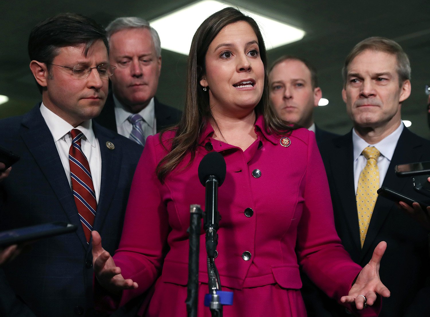 Elise Stefanik speaks with reporters in the Senate subway before the impeachment trial of President Donald Trump resumes at the U.S. Capitol on Jan. 23, 2020 in Washington.