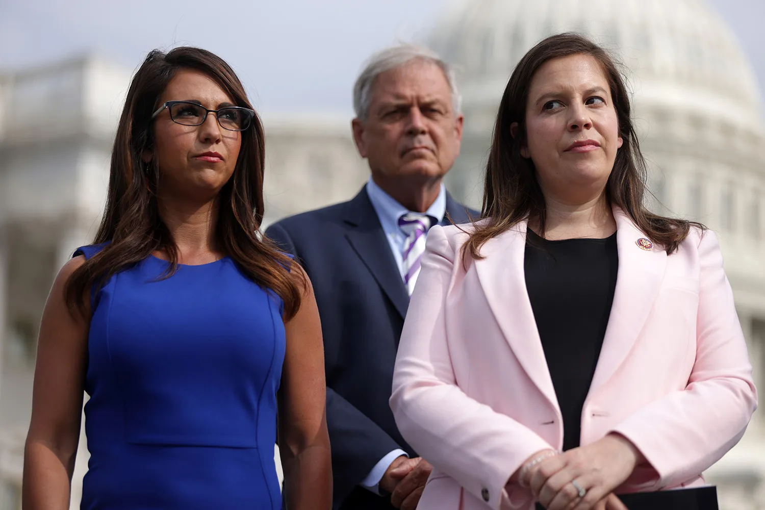 Rep. Lauren Boebert (left) and Elise Stefanik during a news conference in front of the U.S. Capitol on July 1, 2021 in Washington.