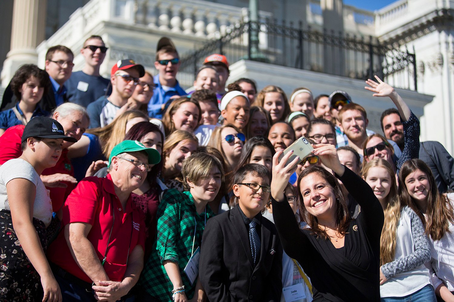 Elise Stefanik takes a selfie with members of the North County, N.Y., 4H delegation during a visit on Capitol Hill in Washington, on Oct. 23, 2015.