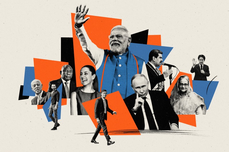 A photo collage illustration shows candidates for global elections in 2024 including: India's Narendra Modi; Mexico's Claudia Sheinbaum; Russia's Vladimir Putin; Venezuela's Nicolás Maduro; South Africa's Cyril Ramaphosa; Bangladesh's Sheikh Hasina; the United Kingdom's Rishi Sunak; Taiwan's Lai Ching-te; El Salvador's Nayib Bukele; and Tunisia's Kais Said.