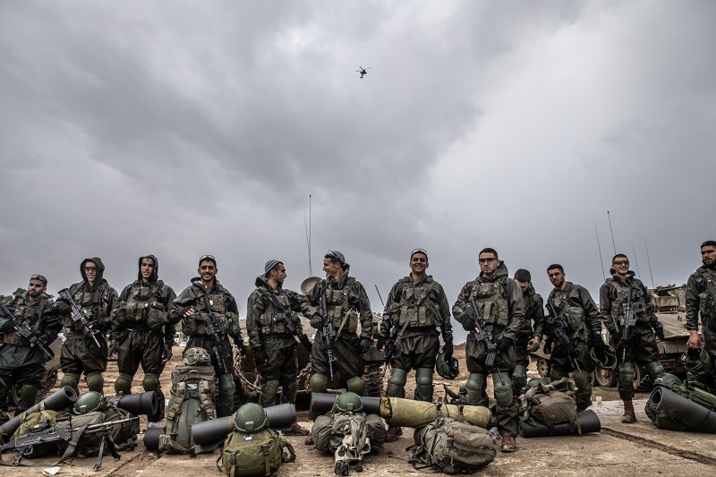 Israeli soldiers and their gear are seen in Nahal Oz, Israel, near the Gaza border.