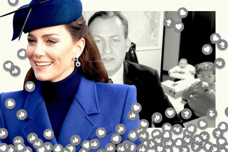 A photo collage illustration of Kate Middleton at the BBC dad burried under social media likes.