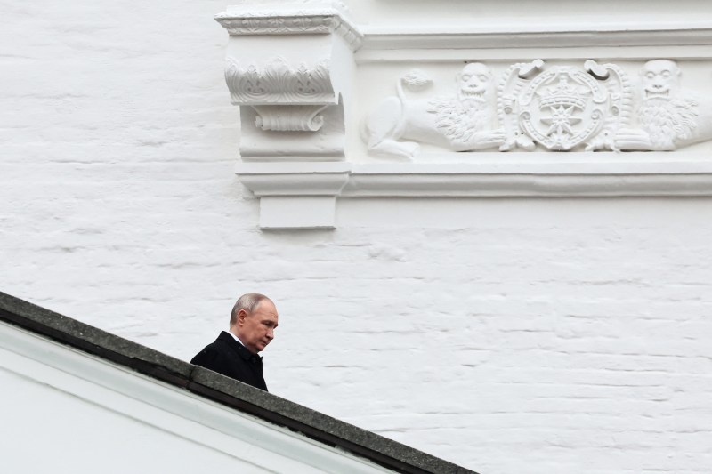 Russian President Vladimir Putin arrives to review the honor guards of the presidential regiment following his inauguration ceremony at the Kremlin’s Sobornaya Square in Moscow on May 7.