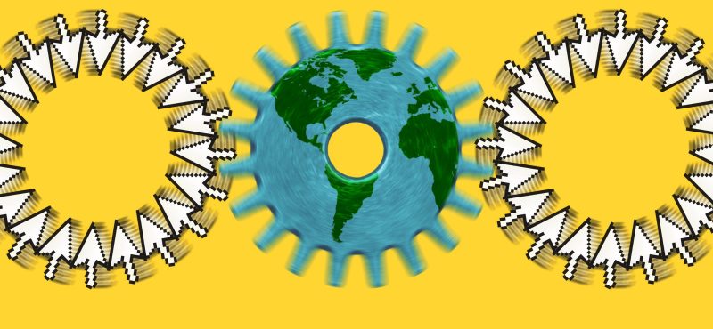 An illustration showing a globe as a gear, powered by gears made of internet cursors.