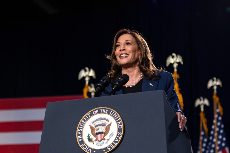 Vice President Kamala Harris speaks to supporters during a campaign rally in West Allis, Wisconsin.