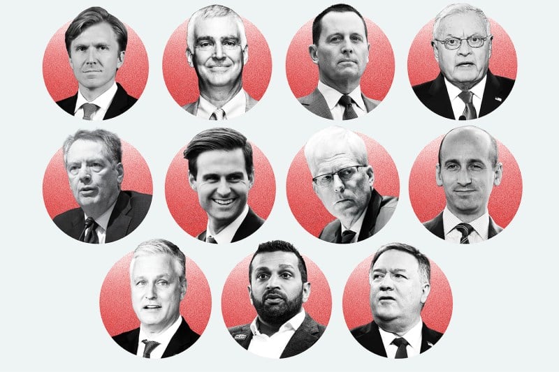 Small headshots inside red circles of 11 of Donald Trumps foreign-policy advisors.