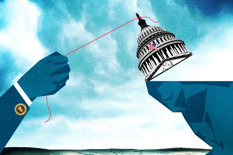 An illustration shows a hand representing the executive branch in a tug of war with Congress, represented by the U.S. Capitol building on a cliff with the balance of power tipped toward the president.